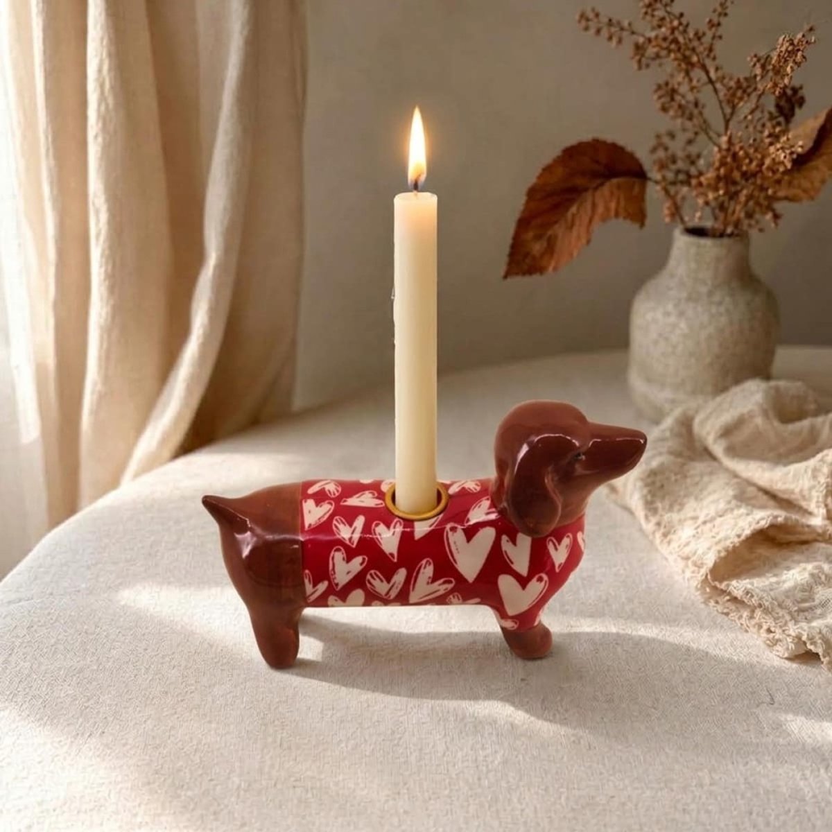 Bougeoir teckel en céramique 20cm marron, KERSTEN