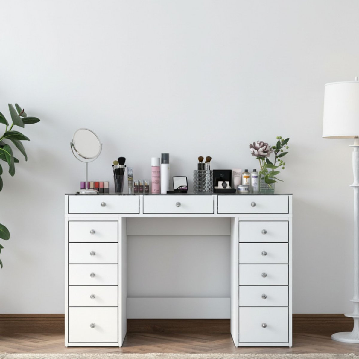 Coiffeuse 13 tiroirs avec plateau en verre L120cm- TIYA blanc, DRAWER