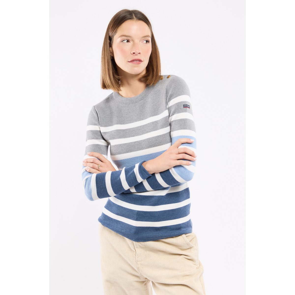 Pull marin rayé - laine mérinos obscur/nature/flax/sleet, ARMOR-LUX