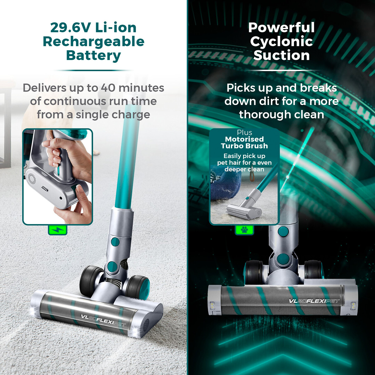 VL80 Flexi Pet Cordless Anti Tangle Vacuum - T513011 teal, TOWER