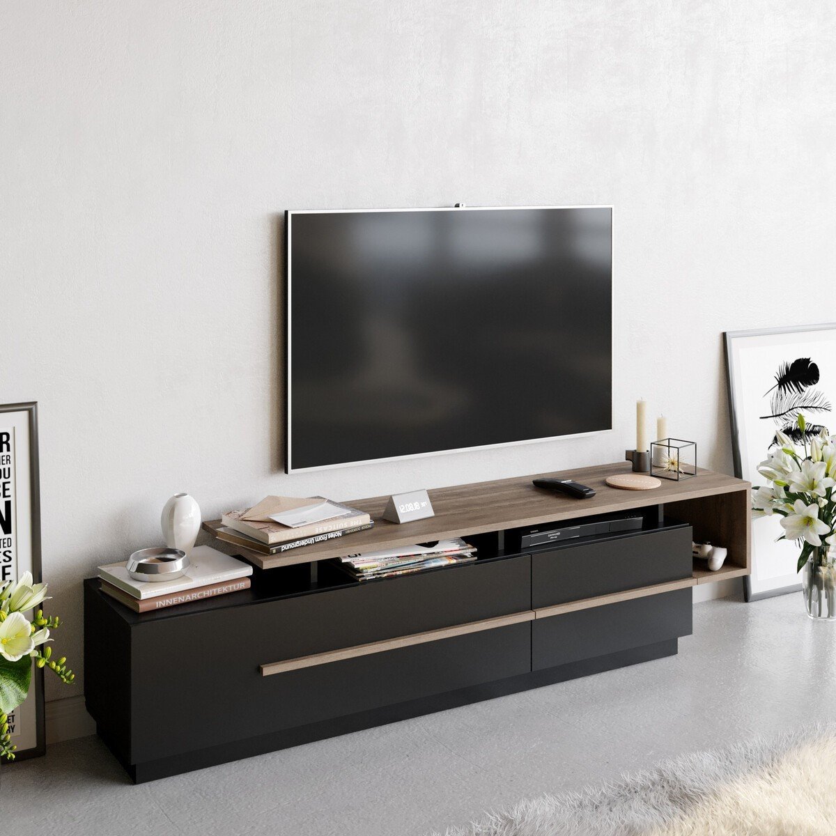 Meuble TV 2 portes abattantes STRATO noyer/ noir, CALICOSY