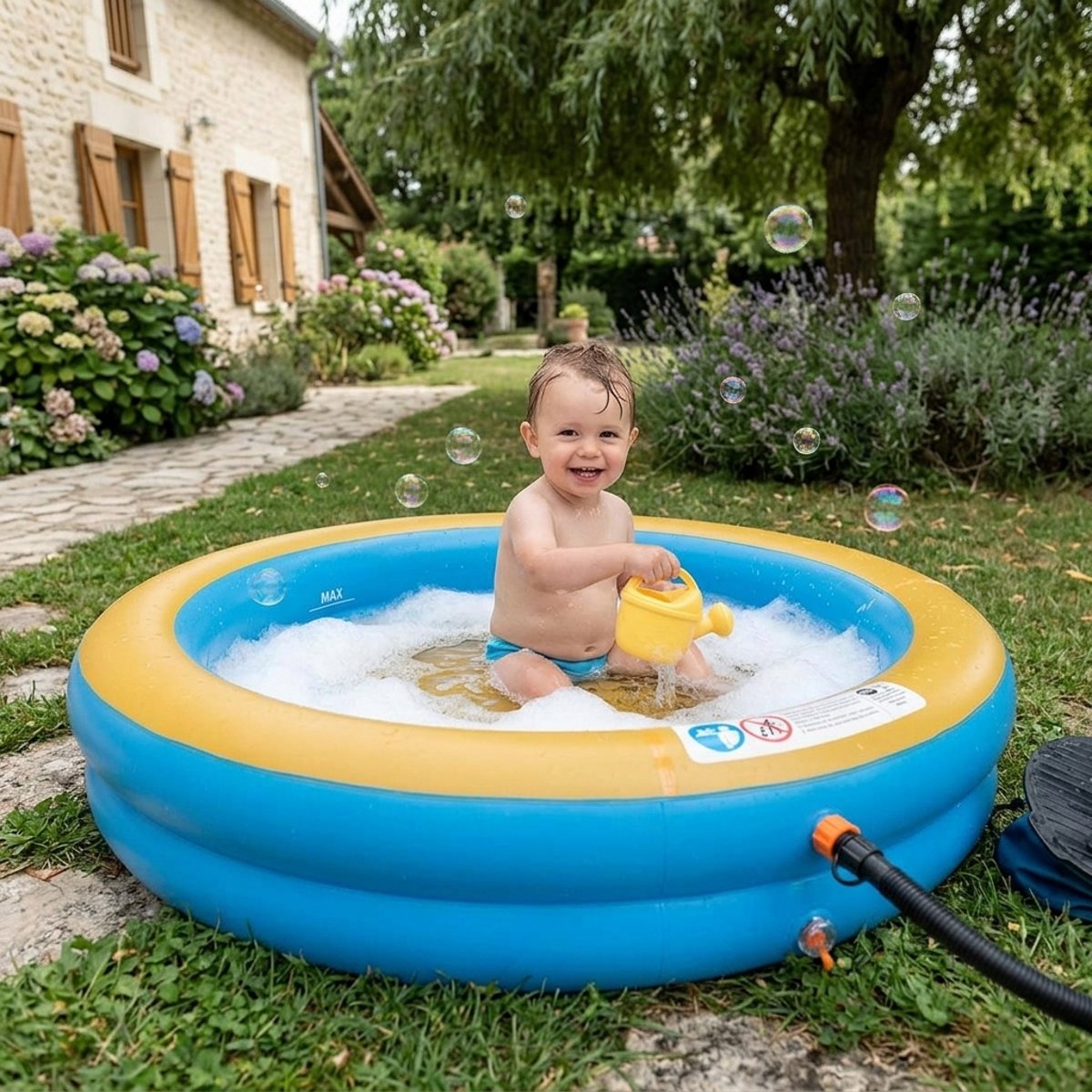Waterclip - Piscine gonflable à bulles pour enfant avec gonfleur bleu, KANGUI