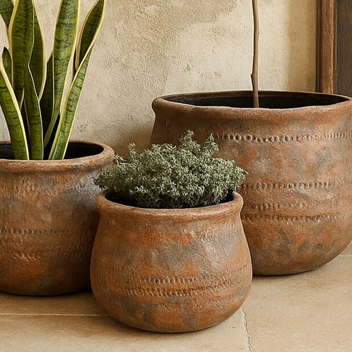Set de 3 cache-pots ronds en fibre de verre effet terre cuite 48x48x33cm bois, WADIGA