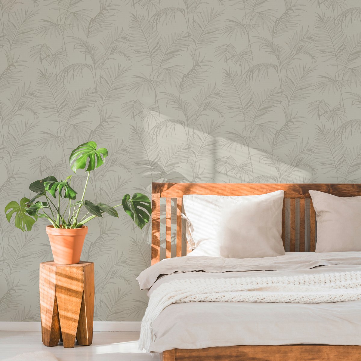 Papier peint litho palmier botanique beige, gris, BOUTIQUE