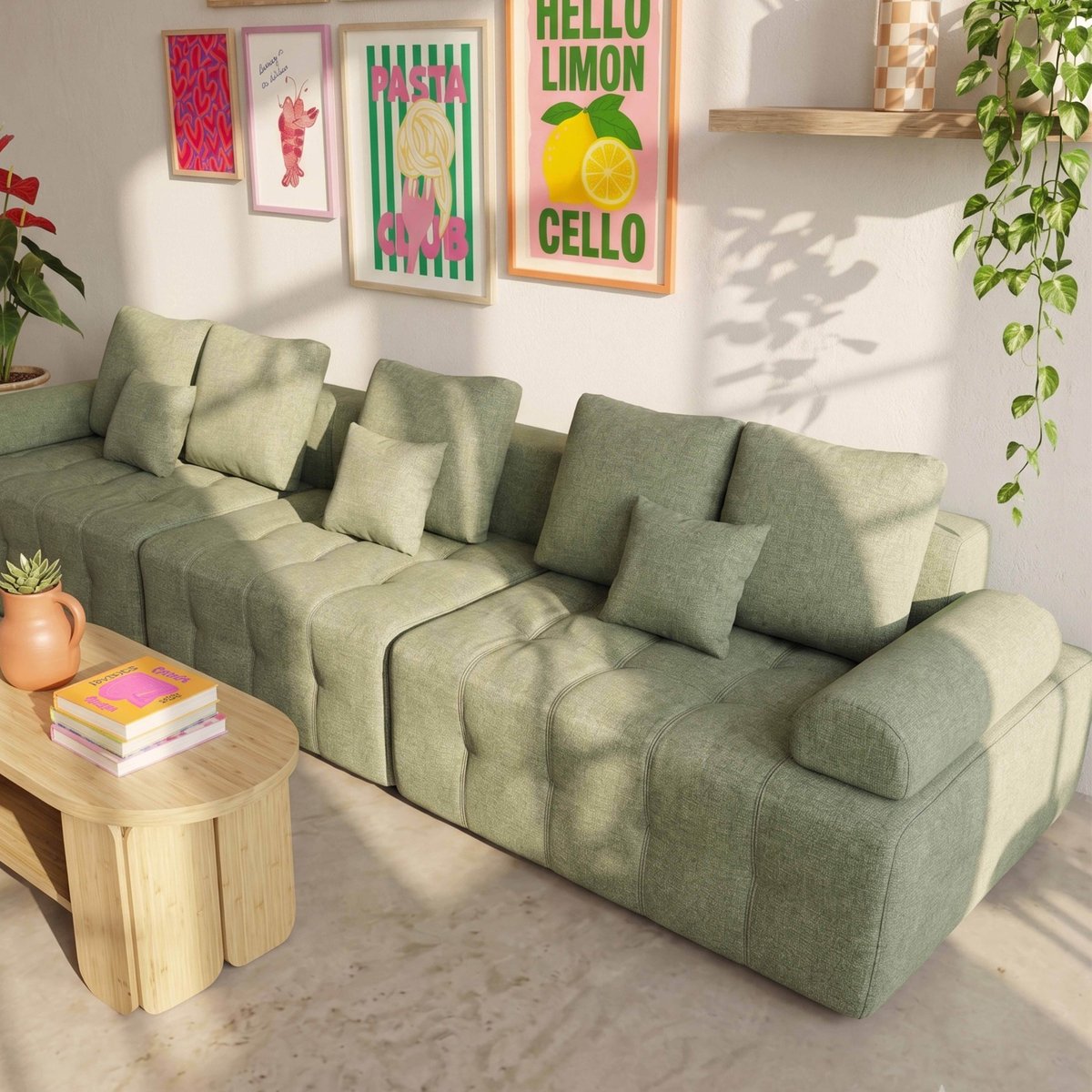 Canapé modulable compressé 5 places en tissu avec pouf et coussins, SNUGGY vert, OVIALA