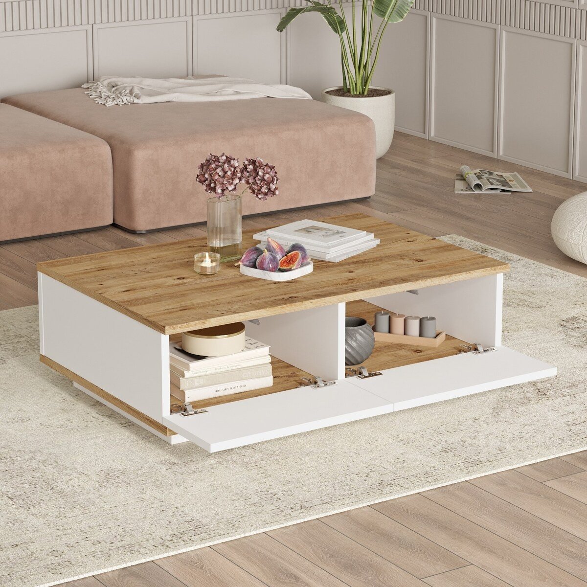 Table basse rectangulaire 1 abattant blanc et pin atlantique - L90 cm bois clair, CALICOSY