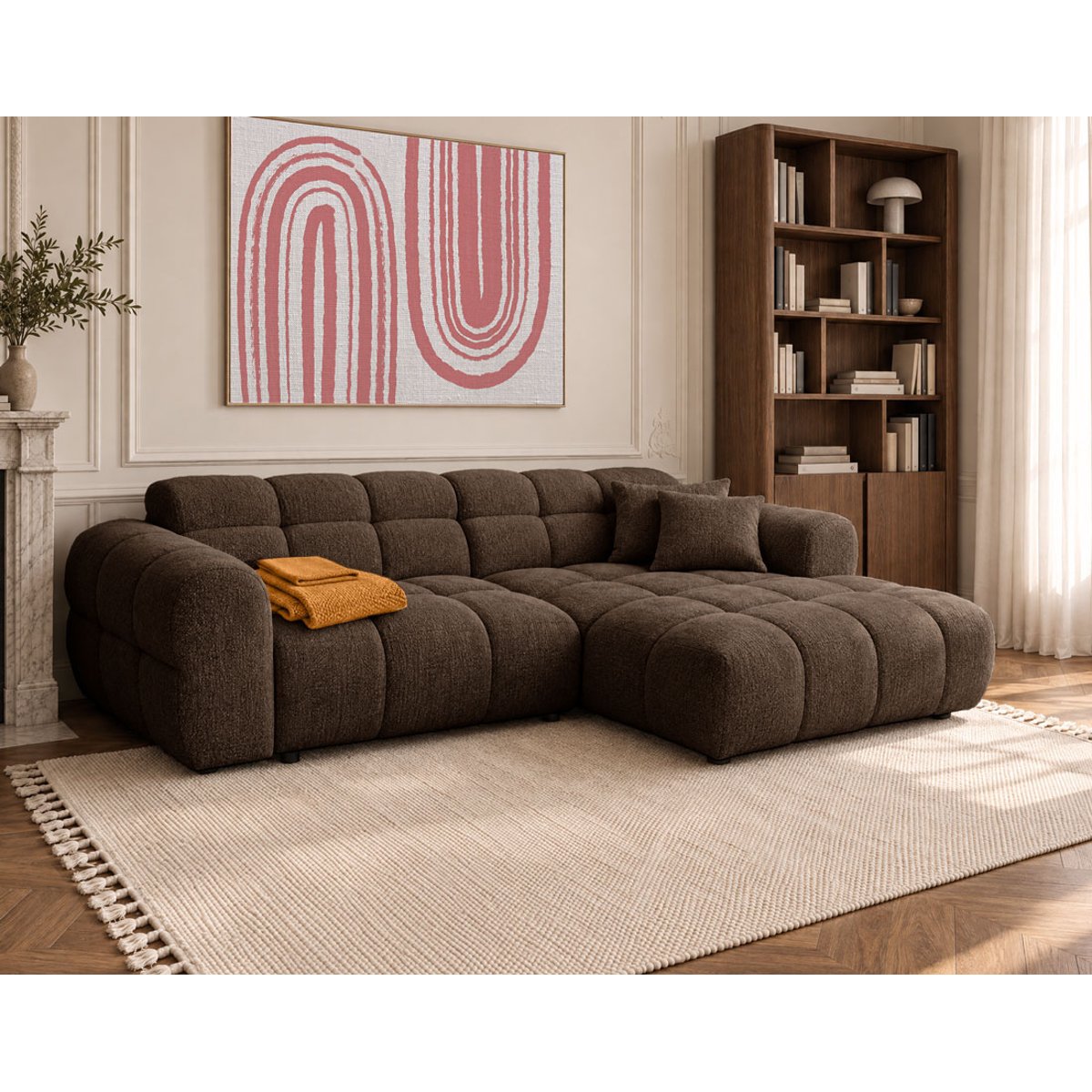 Canapé d'angle droit 4 places convertible avec, MINI RAY marron, BEST MOBILIER