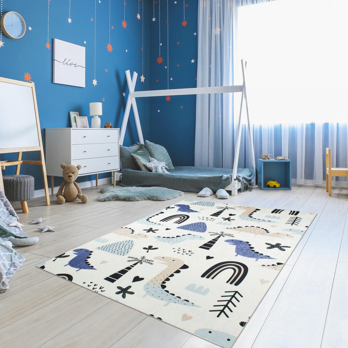 Tapis enfant tissé motif animaux DINO bleu, crème, UN AMOUR DE TAPIS