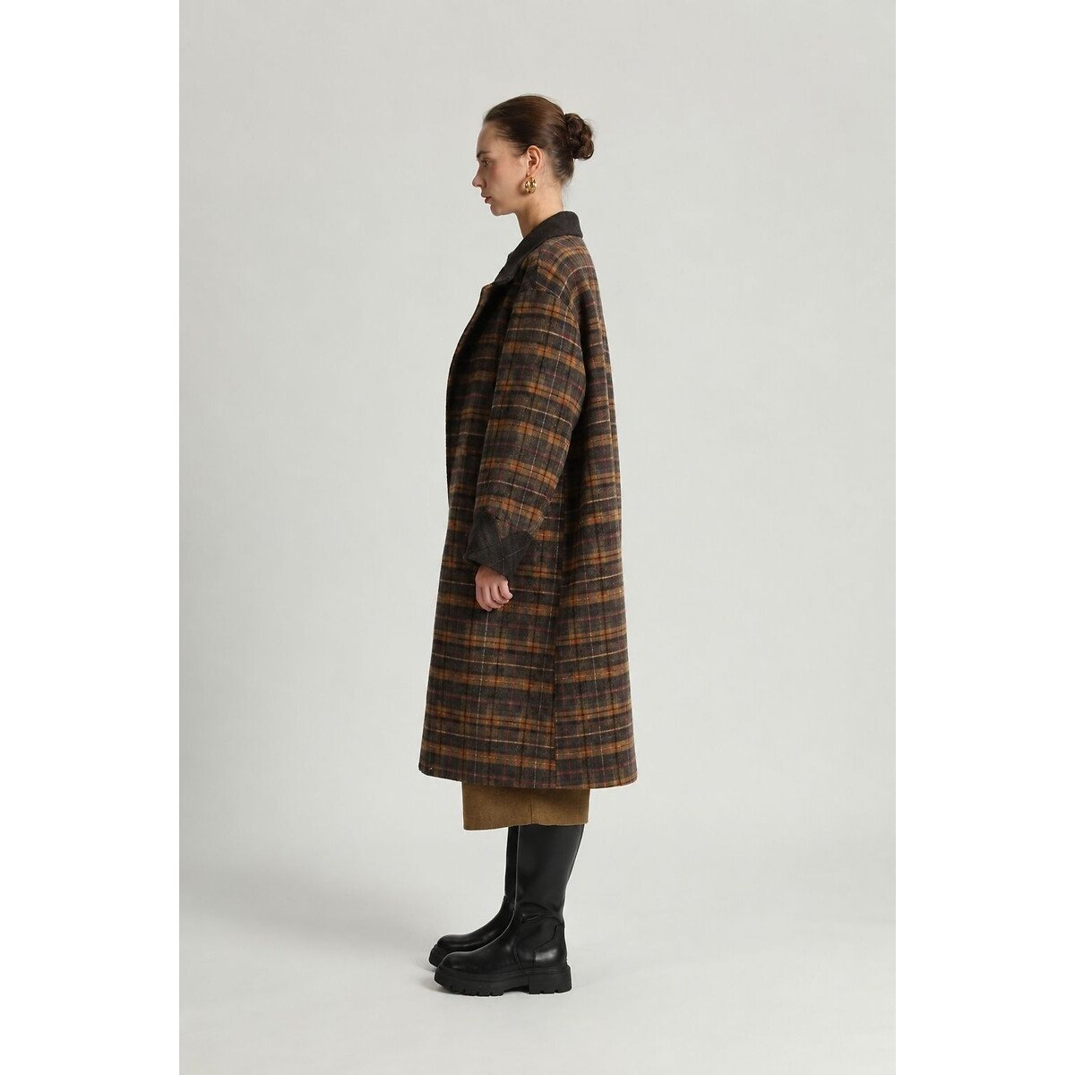 Cappotto lungo reversibile in misto lana marrone quadri, SEE U SOON