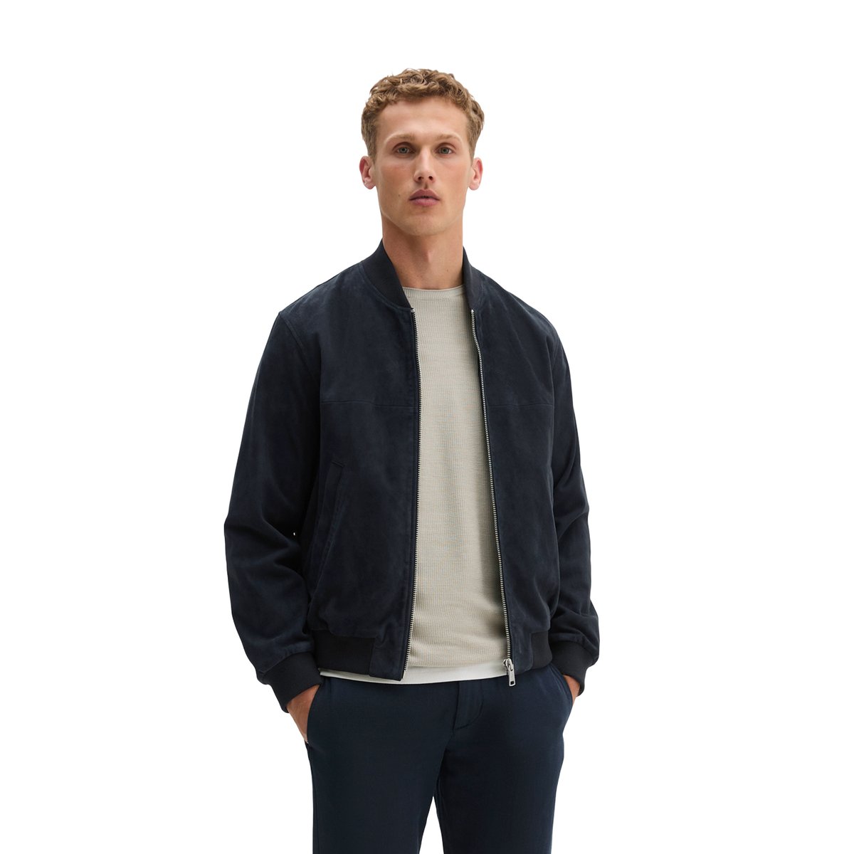 Veste en cuir régulière en cuir de chèvre souple bleu foncé, MARC O'POLO