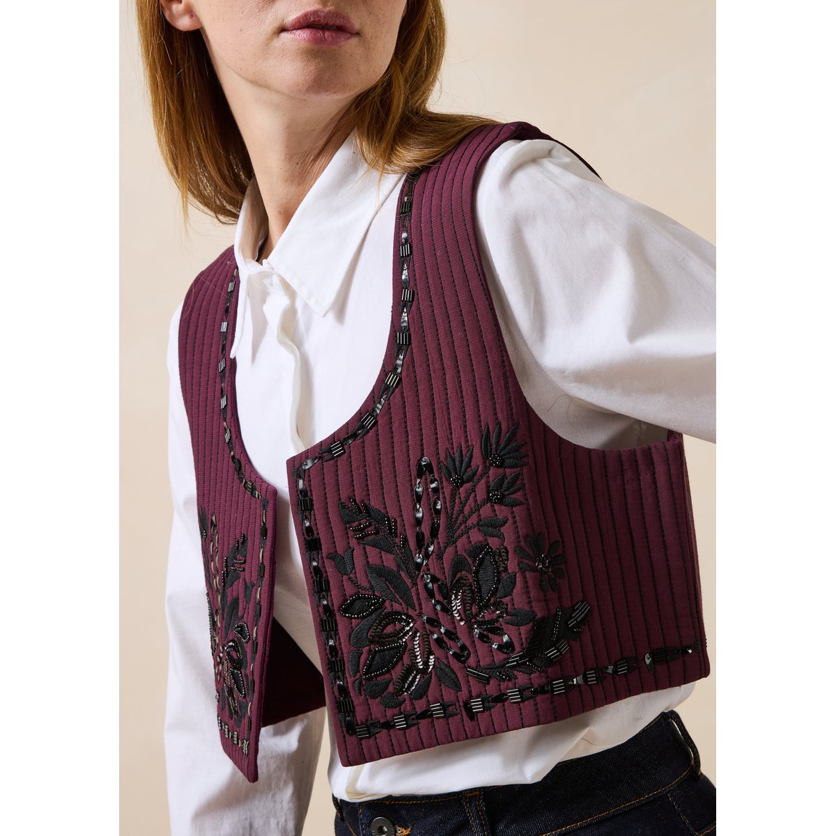 Veste sans manches brodée ouverte bordeaux / noir, LA FEE MARABOUTEE