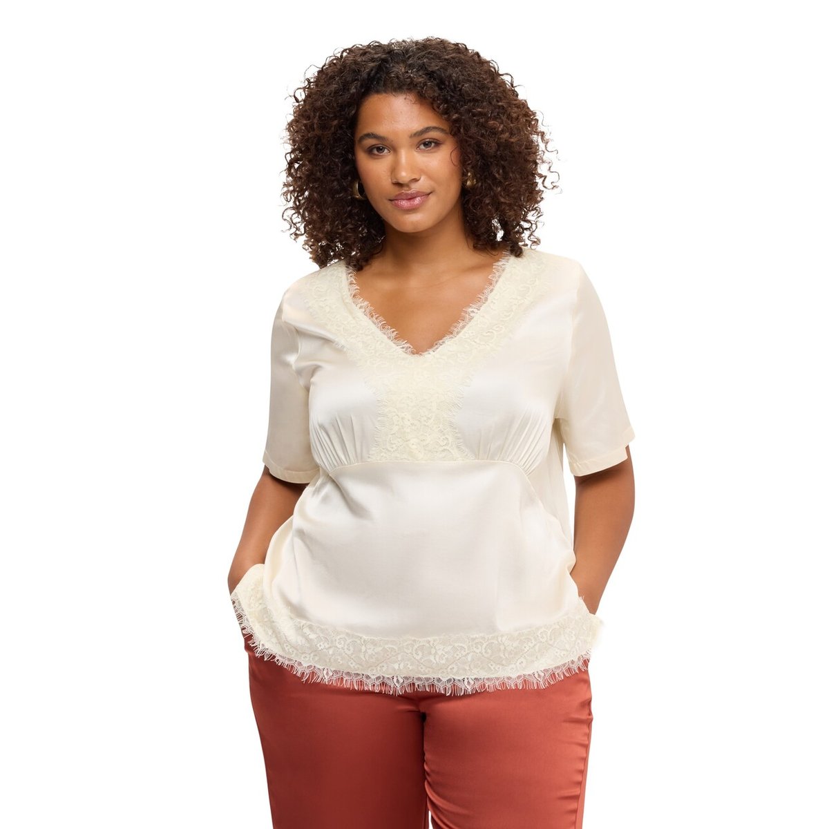 Blouse en satin avec détails en dentelle blanc, FIORELLA RUBINO