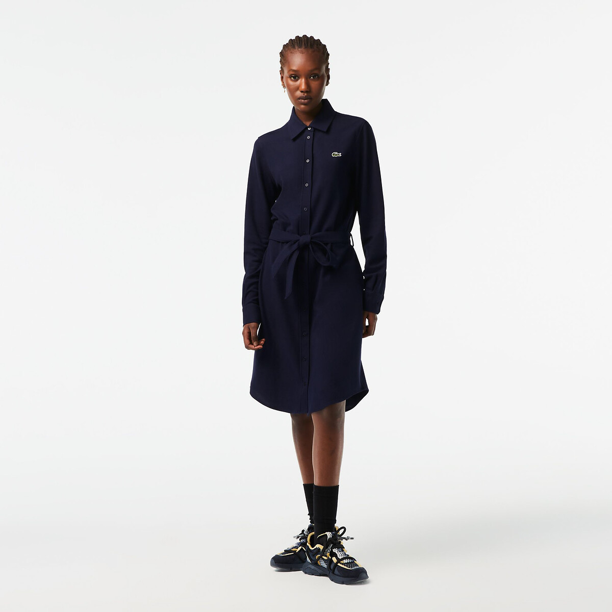 Robe polo avec taille ajustable en piqué de coton bleu-166, LACOSTE
