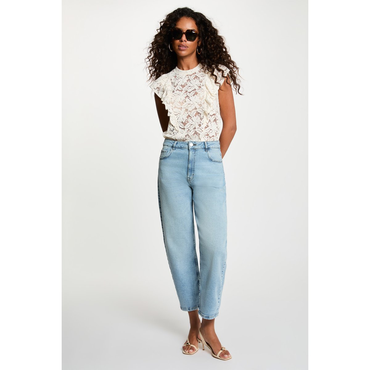 Blouse dentelle col montant ivoire, MORGAN