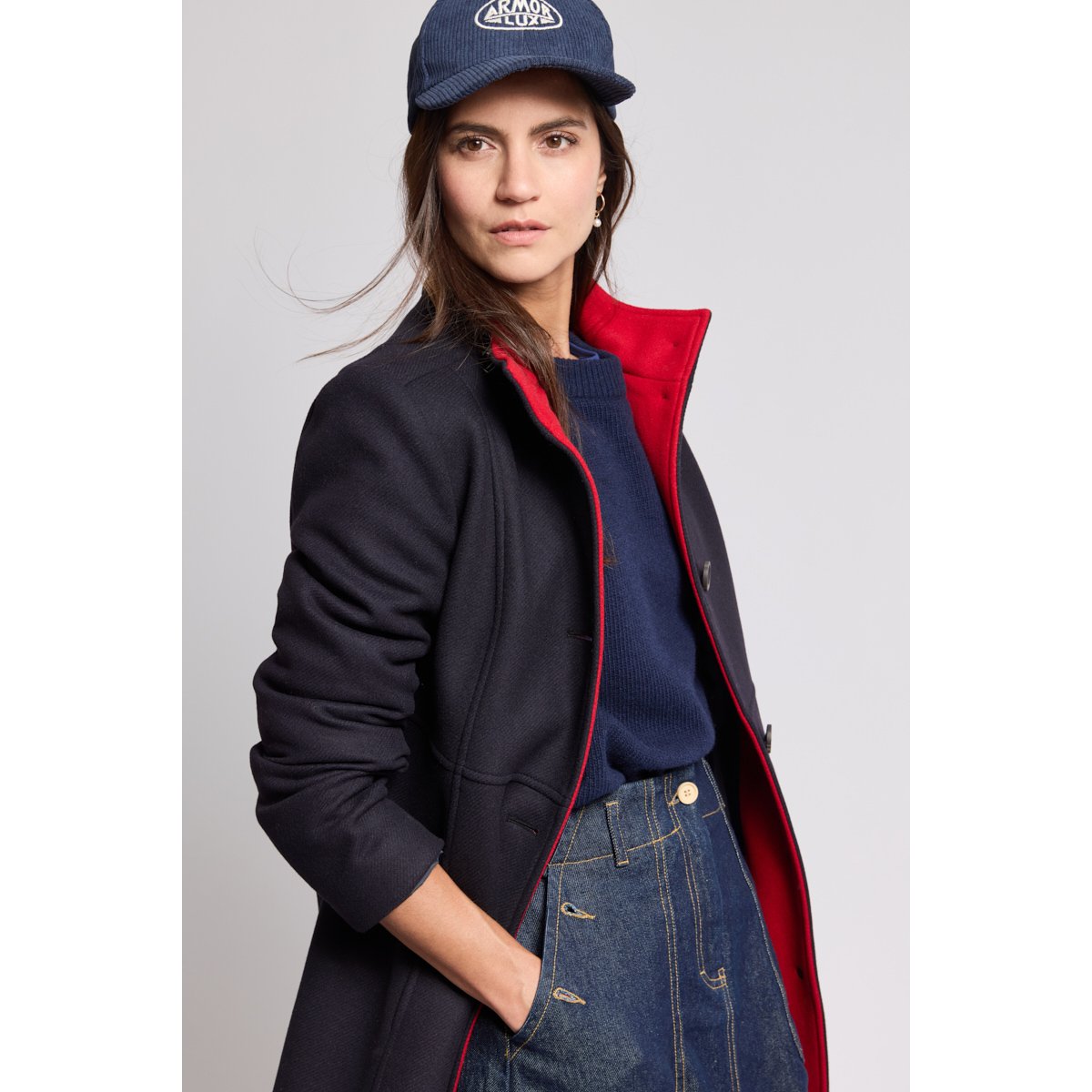 Manteau bi-colore en laine marine/rouge, ARMOR-LUX