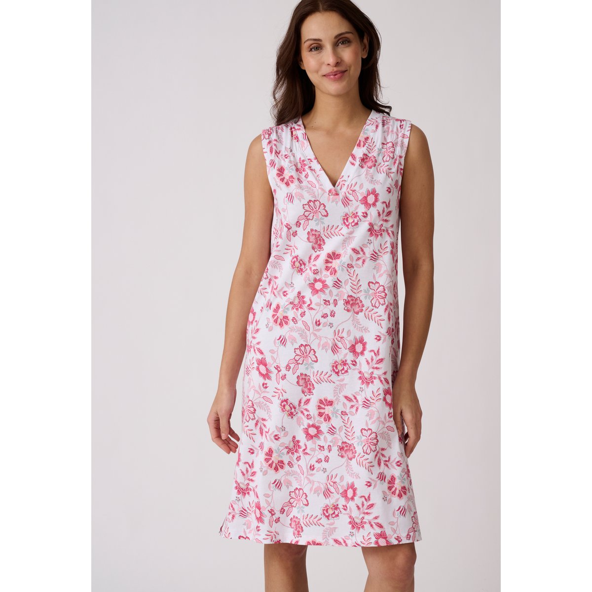 Chemise de nuit en pur coton peigné blanc rose fleuri, DAMART