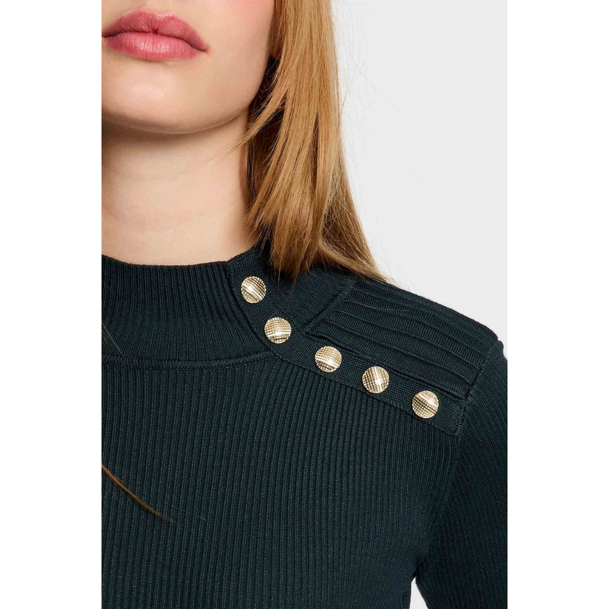 Pull col montant boutonné à manches longues vert fonce, MORGAN