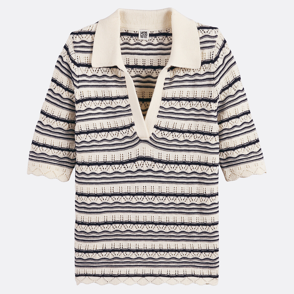 Maglione collo a polo, in maglia fine rigato nero/écru, LA REDOUTE COLLECTIONS