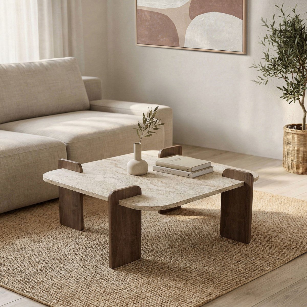 Table basse en bois et effet travertin 90x90cm- SOLENI beige, DRAWER