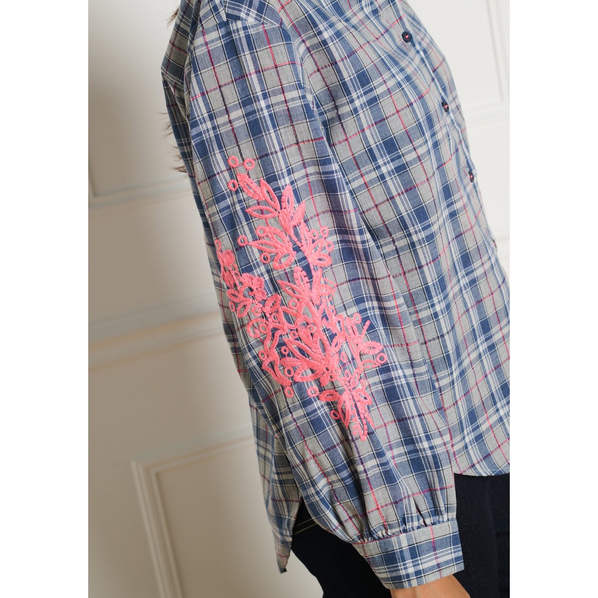 Chemise à carreaux brodée bleu, LOLALIZA