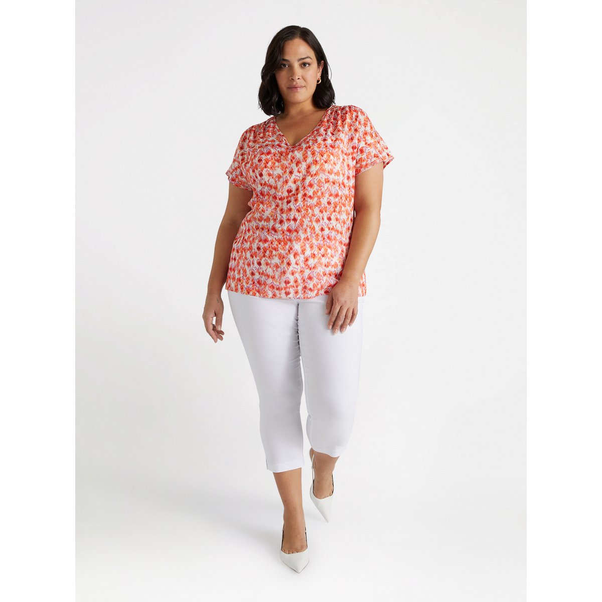 Blouse imprimée à col V orange soleil, FIORELLA RUBINO
