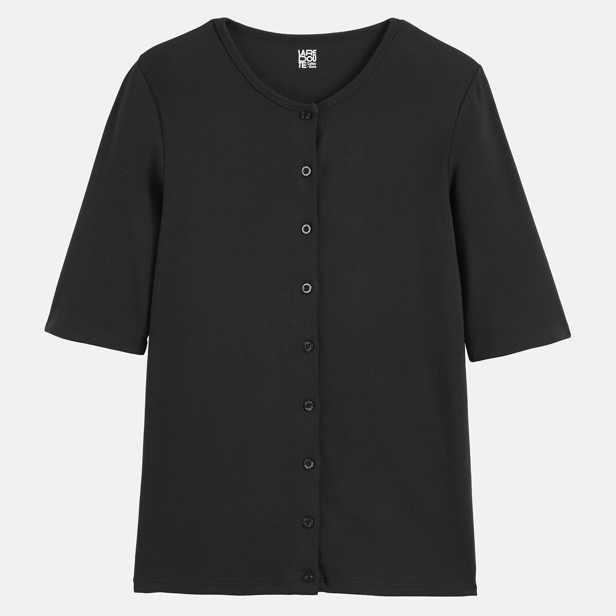 Short Sleeve Button-Down Crew Neck T-Shirt black, LA REDOUTE COLLECTIONS
