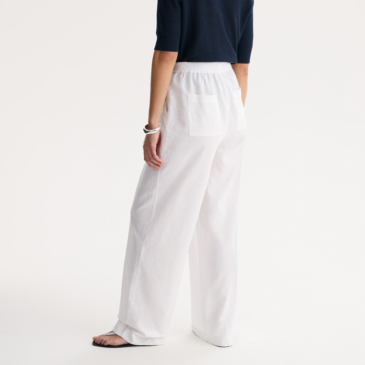 Pantaloni a gamba larga in lino e cotone con elastico in vita bianco, ANNE WEYBURN