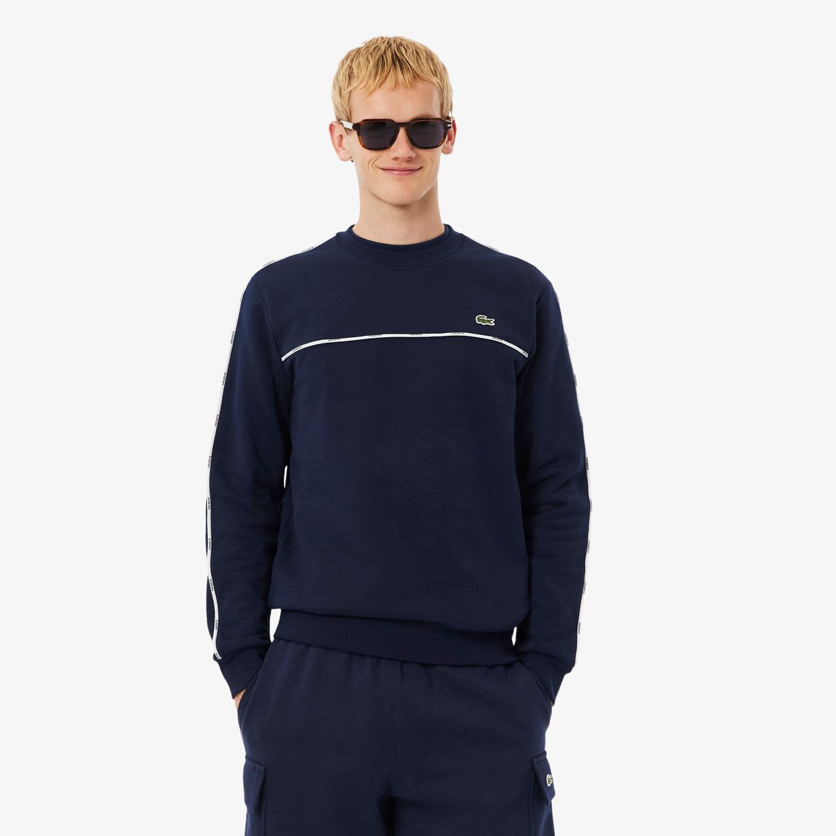 Sweatshirt molleton liserés griffés bleu-166, LACOSTE