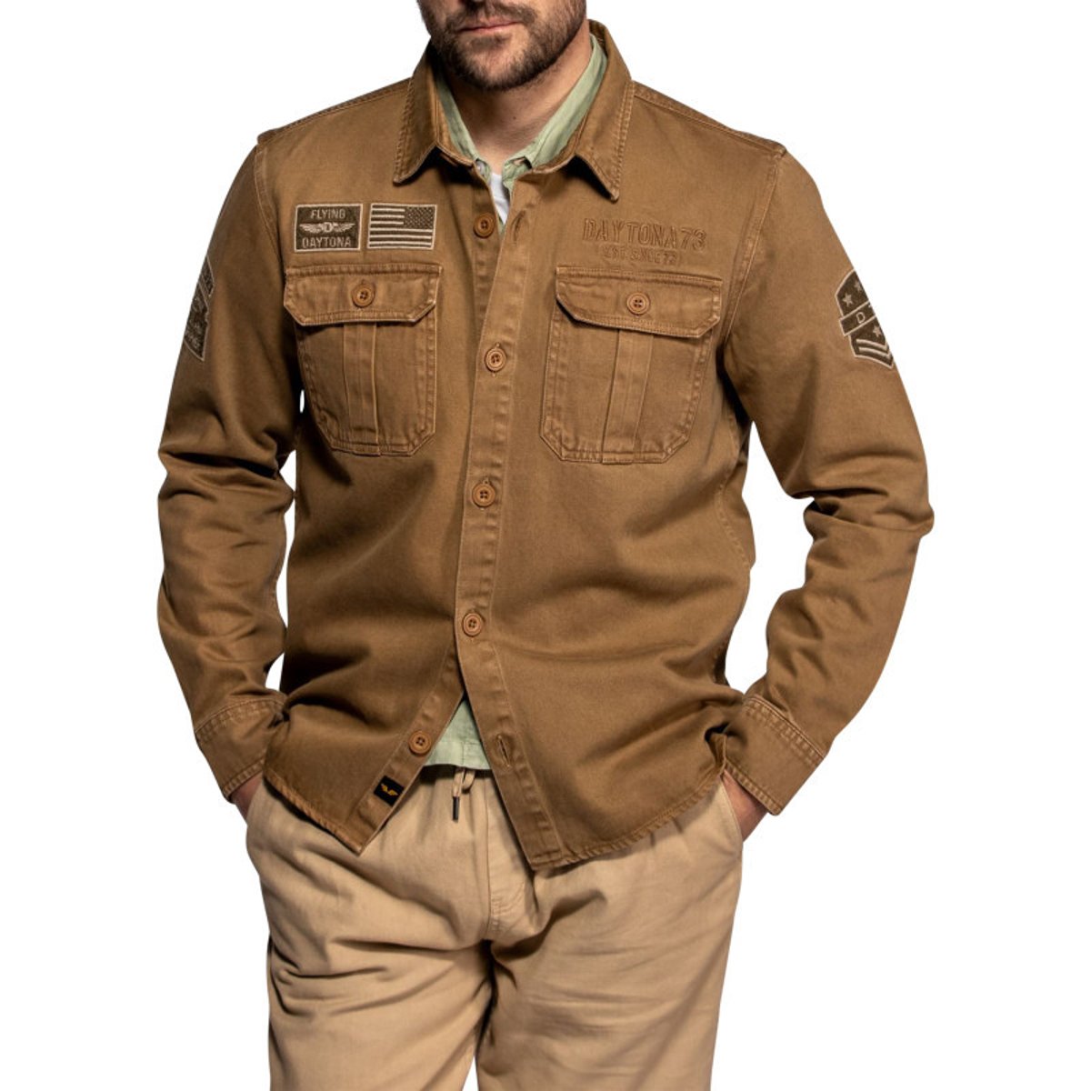 Surchemise Wayne en coton brune à coupe droite pourvue d'un col à revers beige, DAYTONA