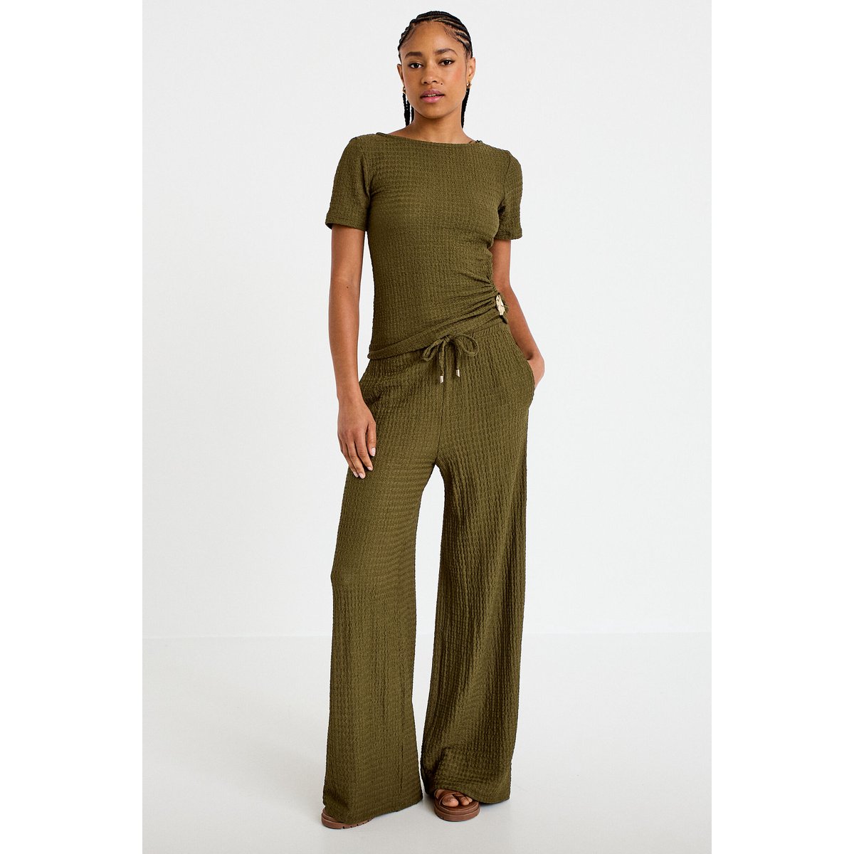 T-shirt col rond manches courtes bijou vert kaki, CACHE CACHE