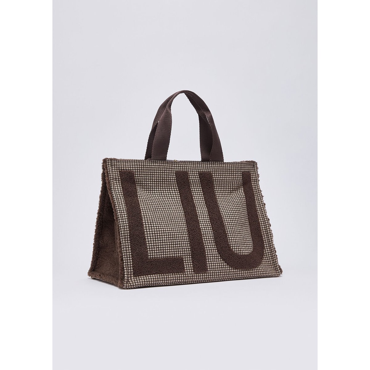 Grand cabas en tissu à carreaux marron foncé, LIU JO