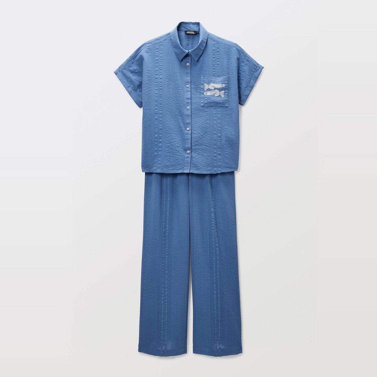 Pyjama long uni en coton avec broderie sardine riviera, MONOPRIX