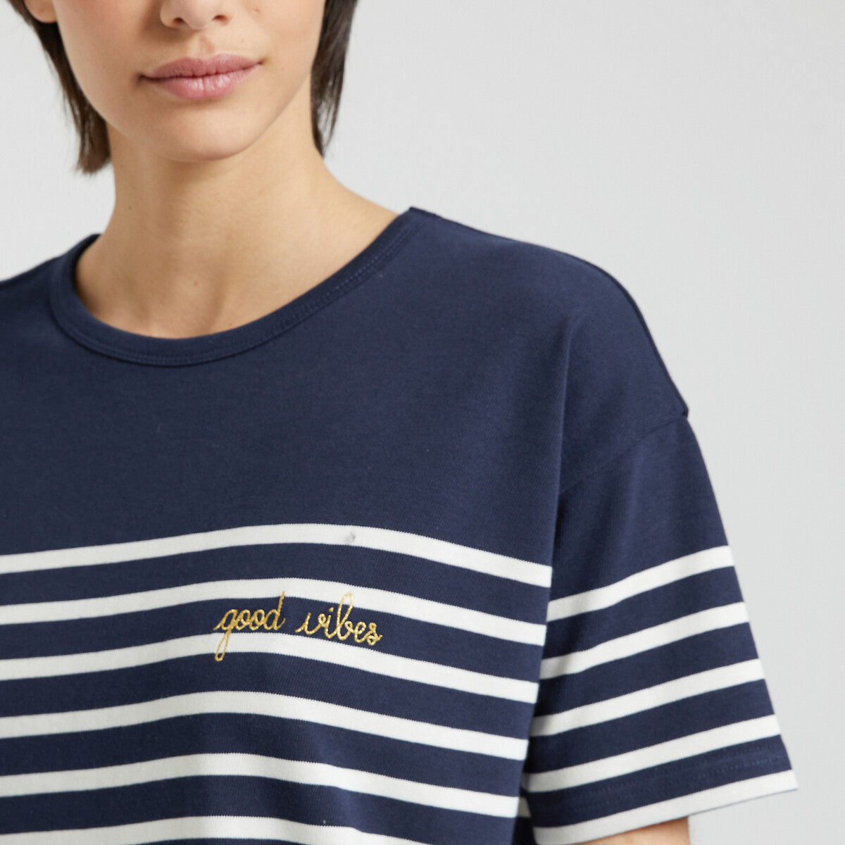 Robe t-shirt style marinière brodée GOOD VIBES marine, MAISON LABICHE