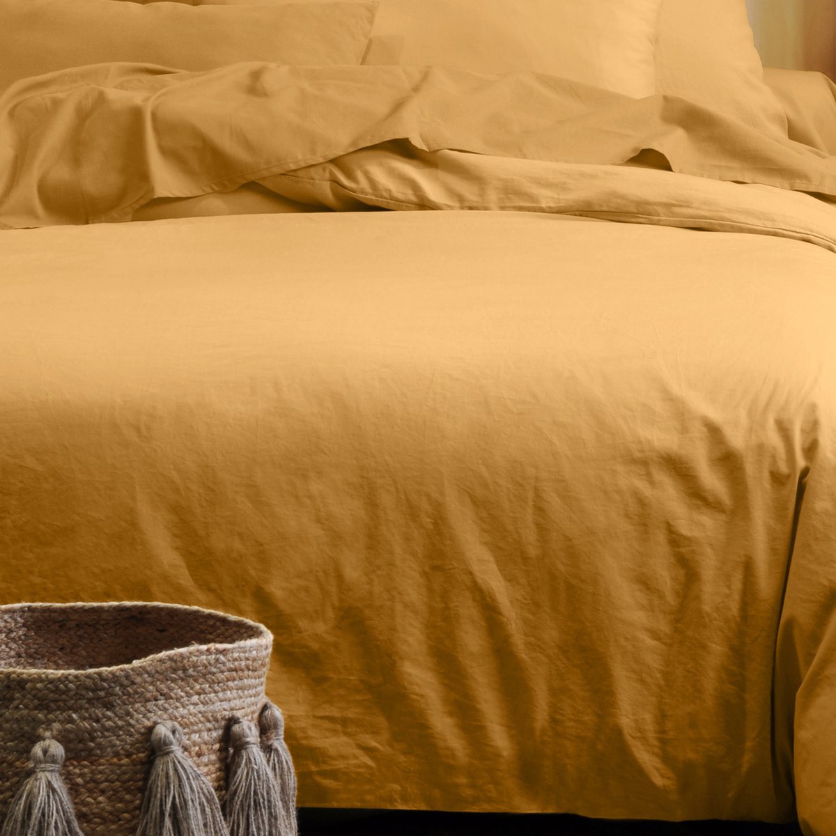 Taie d'oreiller unie en coton bio jaune curry, LOVELY CASA