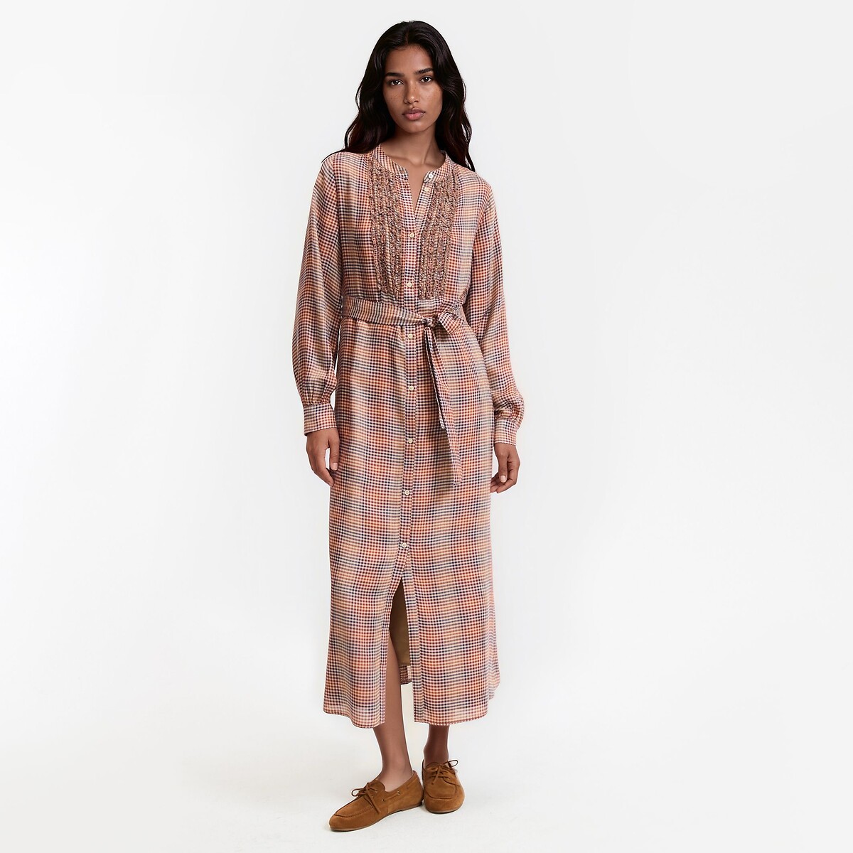 Robe-chemise longue, à carreaux et volants, manches longues carreaux, LA REDOUTE COLLECTIONS