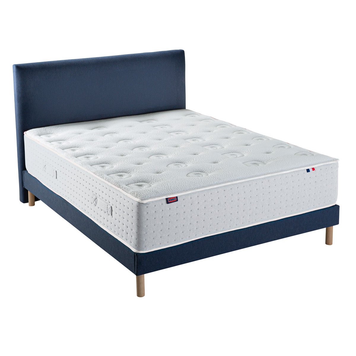 Ensemble - Matelas mi-ferme + sommier + Tête de lit Blanc/Bleu LE VERITABLE blanc, bleu foncé, DODO