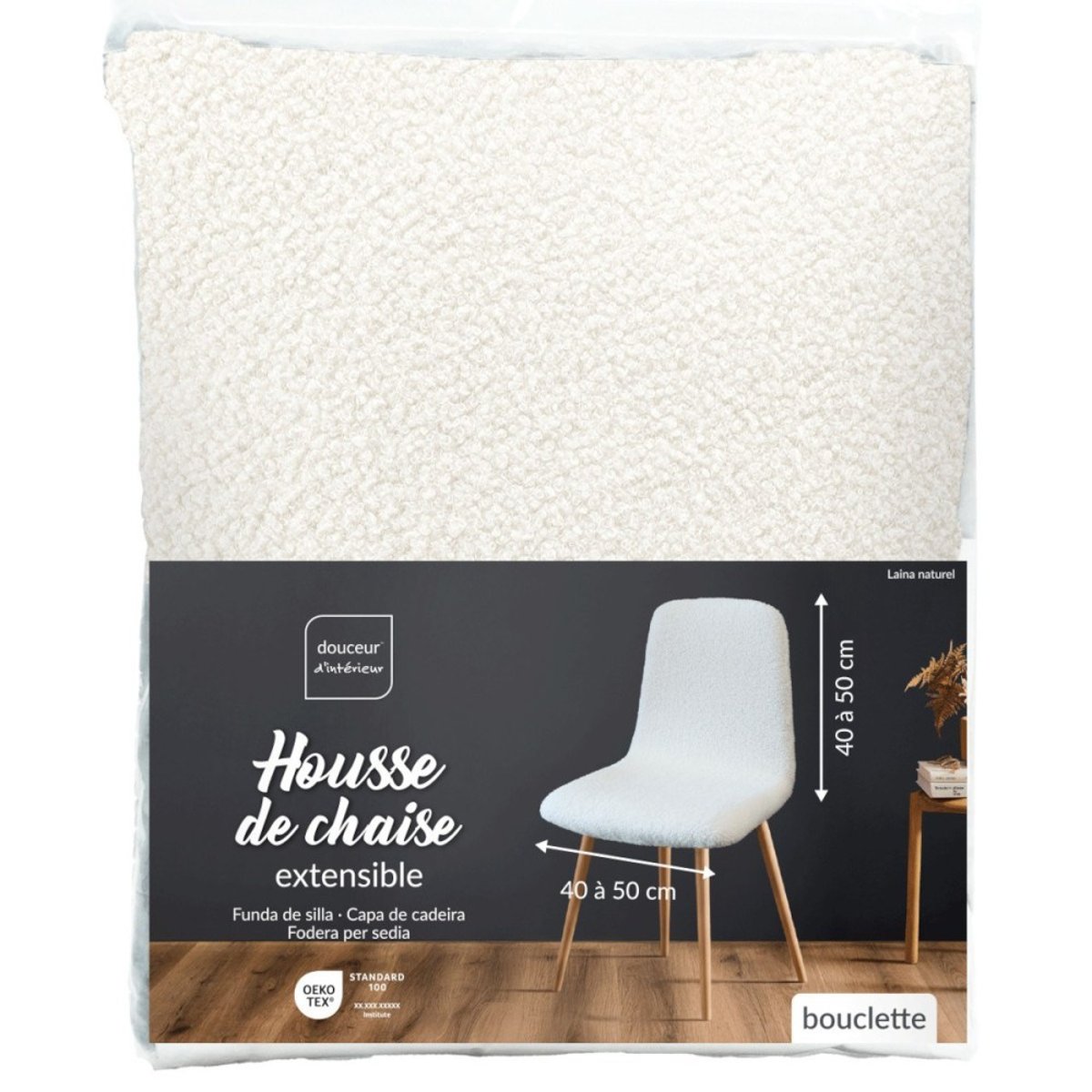 Housse de chaise scandinave extensible en bouclette blanc, DECORATIE