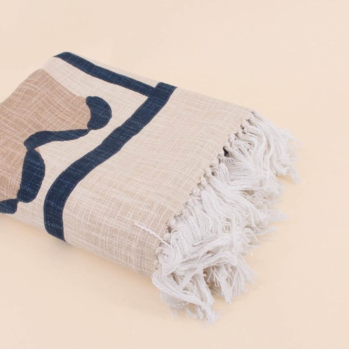 Plaid jeté de canapé en coton flammé imprimé coquillages 150x150cm bleu, ORNAMI