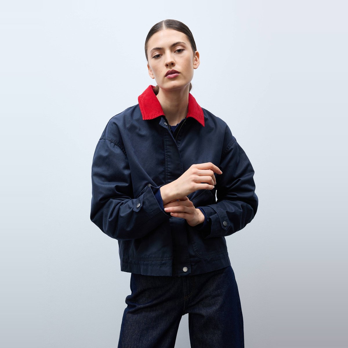 Veste courte waxé avec col contrasté black iris, MONOPRIX