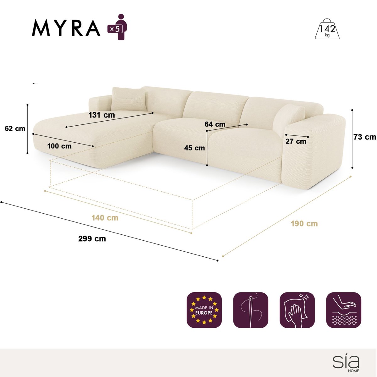 Canapé angle gauche convertible 5 places en tissu bouclette MYRA crème, SIA HOME