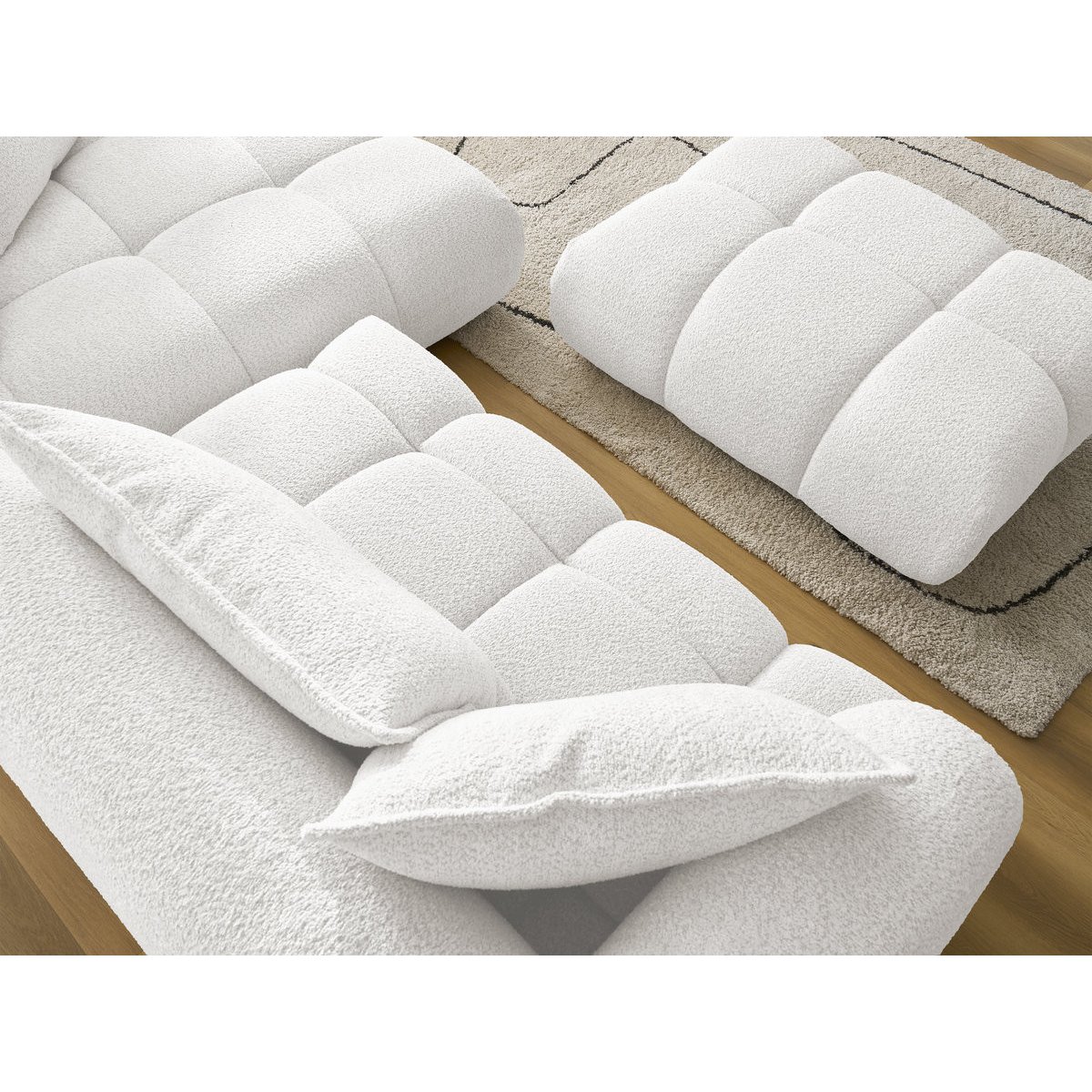 Canapé d'angle fixe 4 places en tissu bouclette avec pouf, ALYA blanc, BOBOCHIC