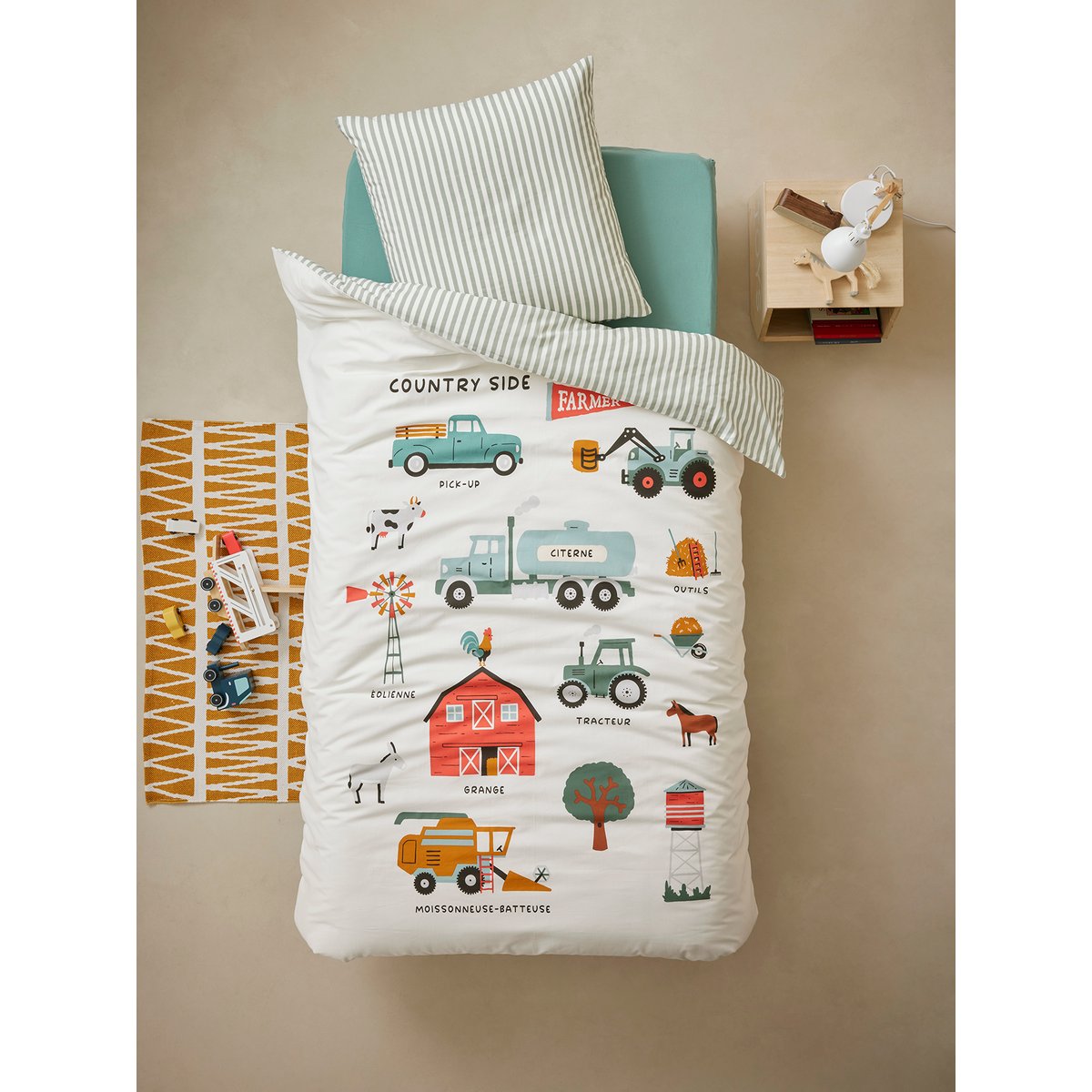 Parure housse de couette et taie d'oreiller avec coton recyclé MOISSON blanc imprimé, VERTBAUDET