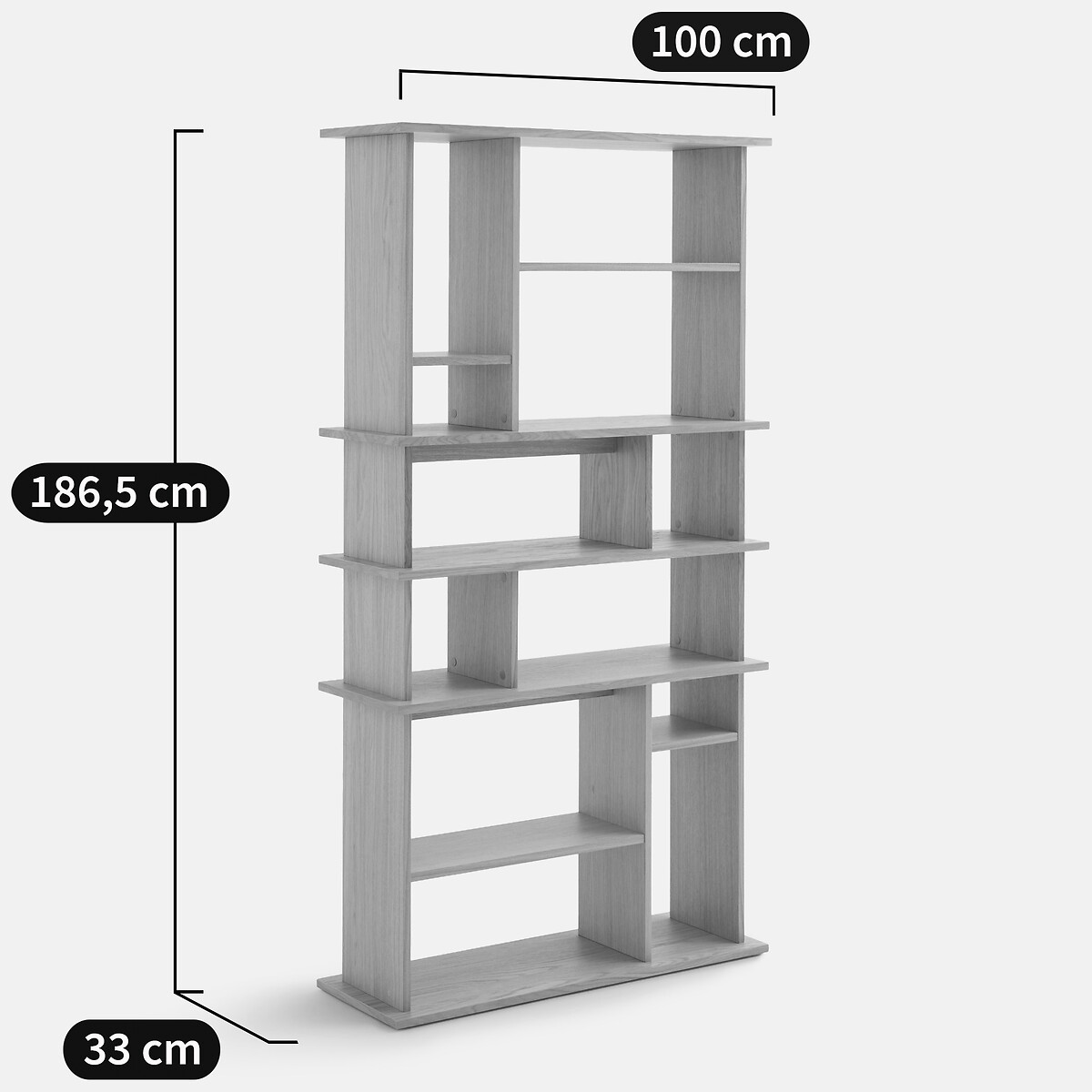 Bibliothèque asymétrique, en plaqué chêne, 12 niches, hauteur 180 cm, ABAC coloris chêne, LA REDOUTE INTERIEURS