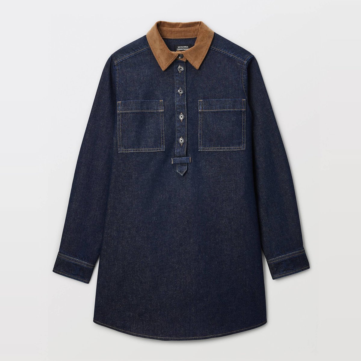 Robe courte jean col velours en coton BIO GOTS brut denim, MONOPRIX