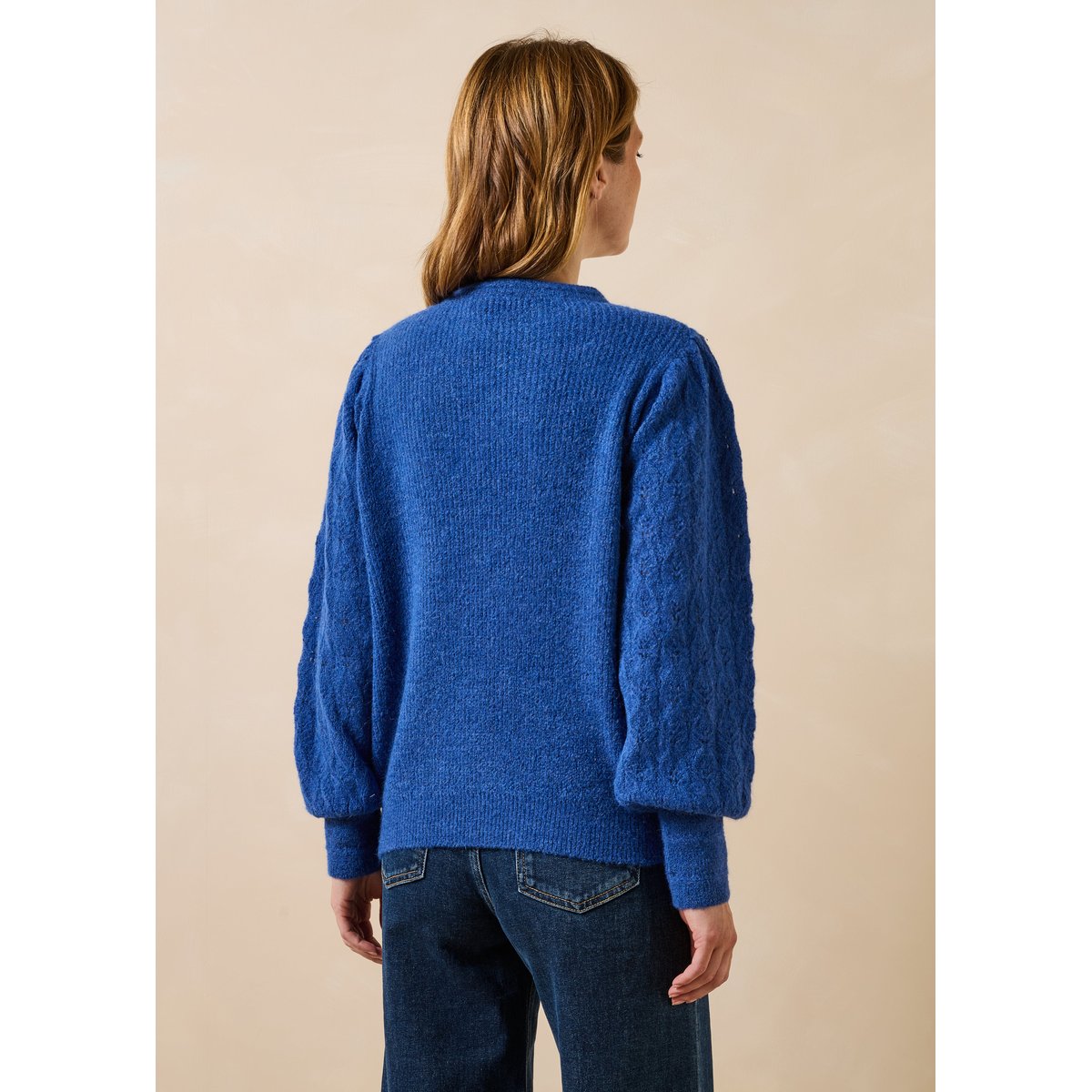 Pull manches longues en maille col rond saphir, LA FEE MARABOUTEE