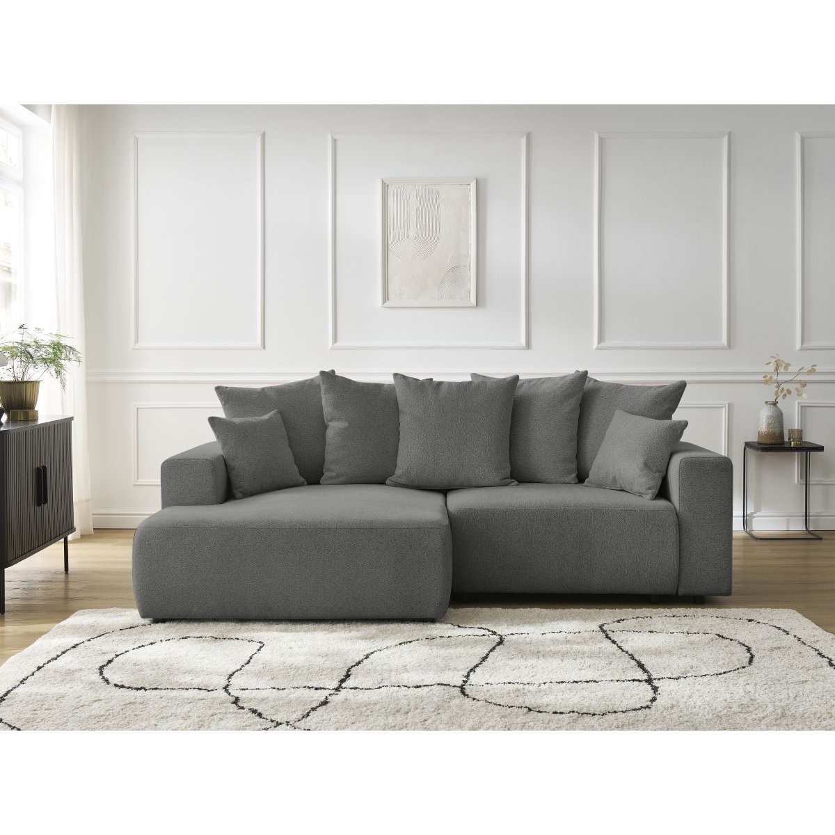Canapé d'angle convertible 3 places en tissu chiné, ATILLA gris foncé, BOBOCHIC