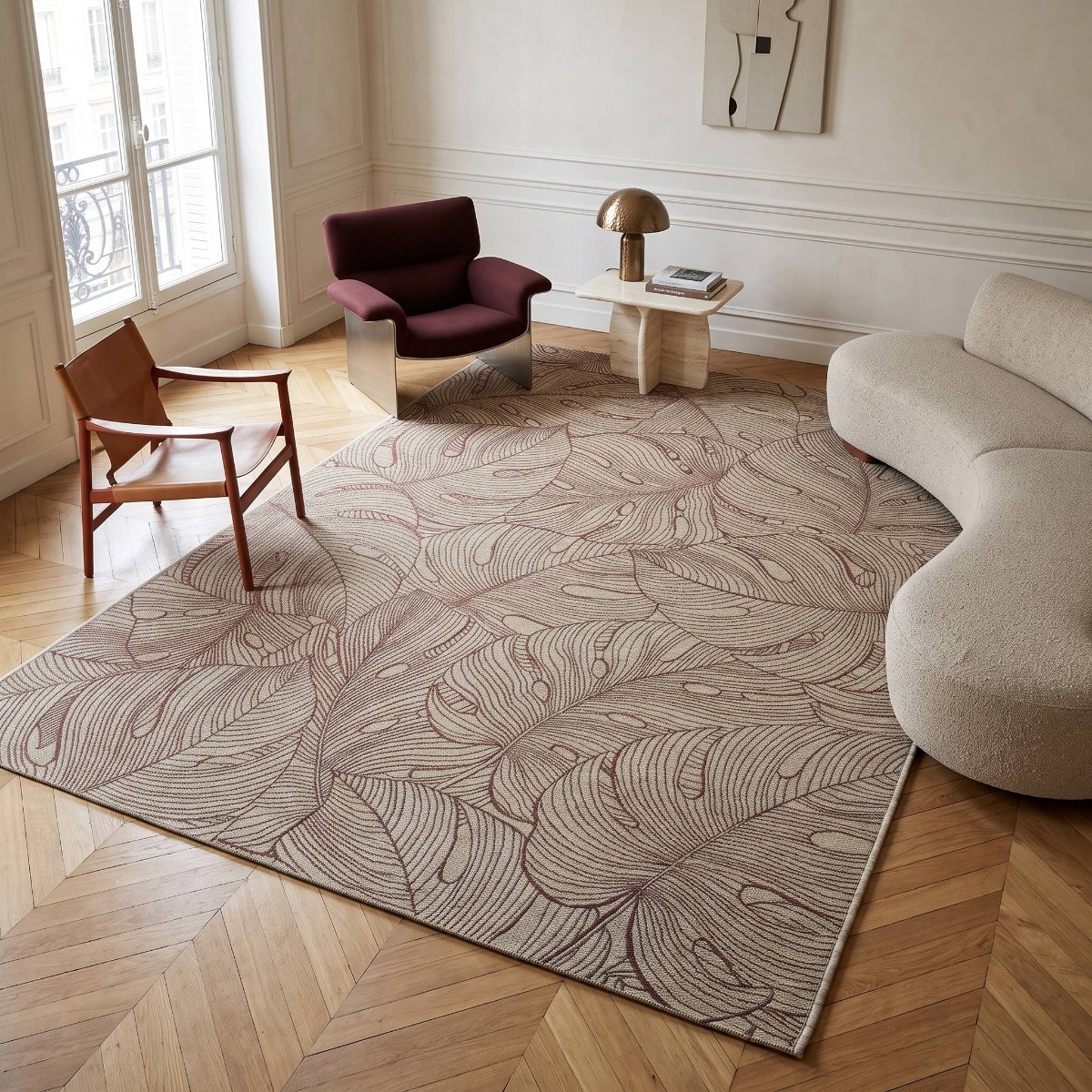 Tapis extérieur intérieur  bordeaux motif feuillage ORSA beige et bordeaux, THE DECO FACTORY