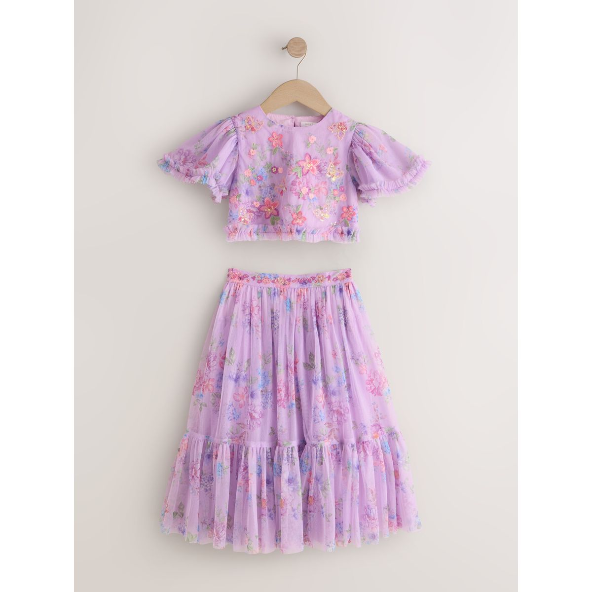 Ensemble haut à fleurs et jupe lehenga violet lilas, NEXT