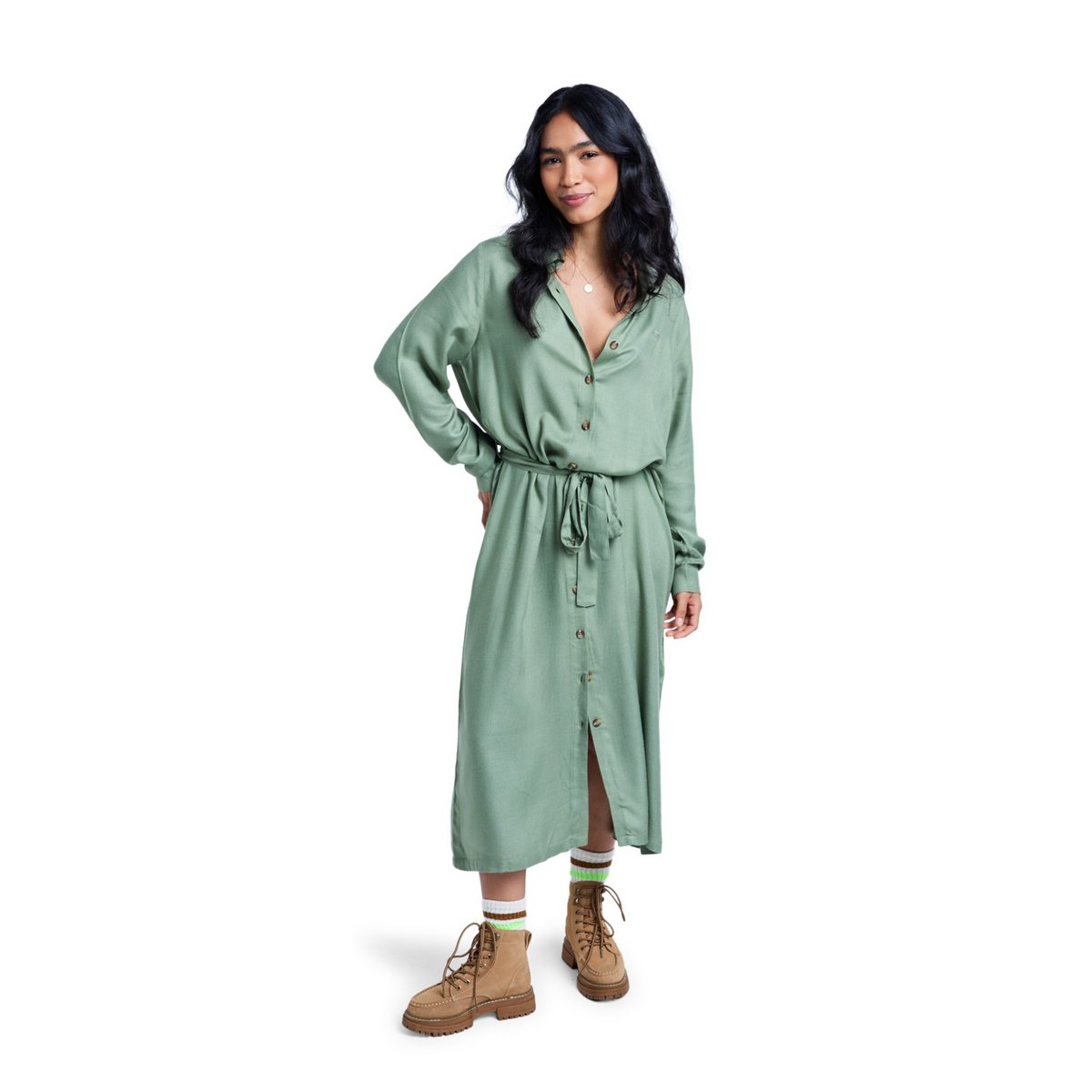 Robe midi à col et manches longues boutonnées sur le devant ISLAND ESCAPE SOLID. vert oil green, ROXY