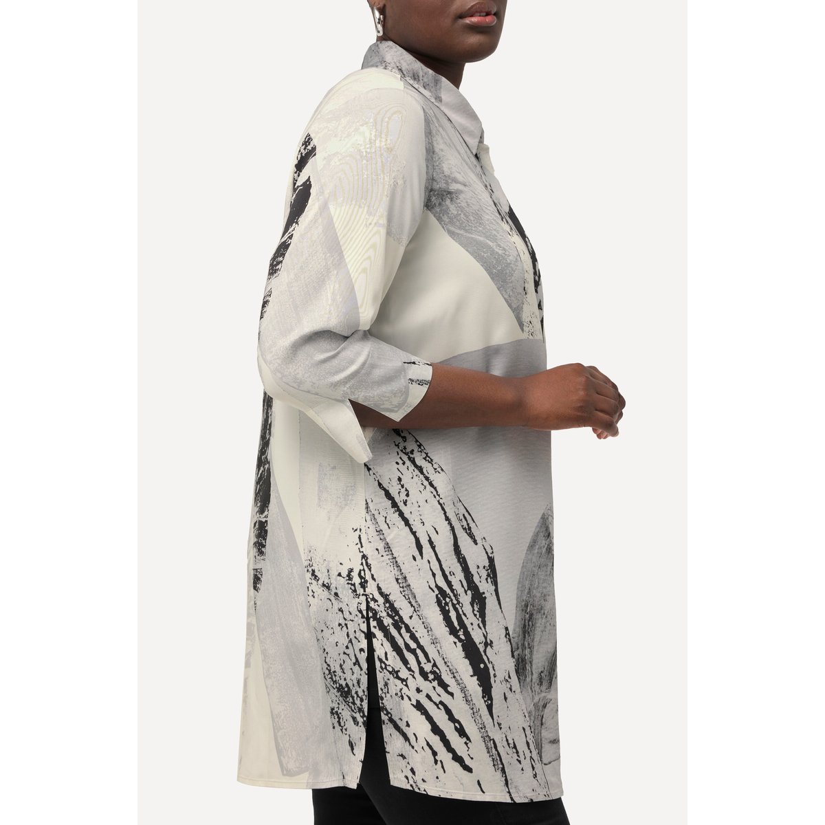 Blouse longue à motif plumes noir, ULLA POPKEN